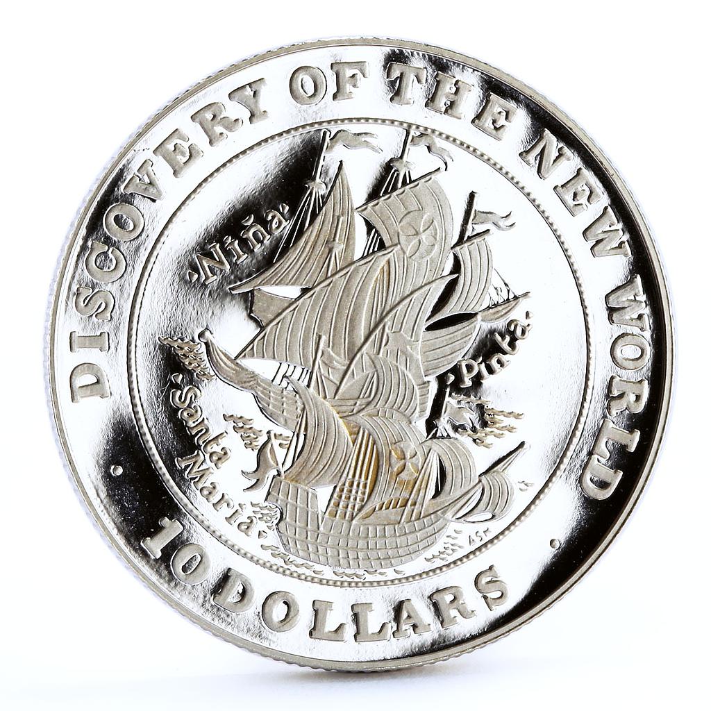 Bahamas 10 dollar Columbus Ships Nina Santa Pinta Maria proof silver coin 1992