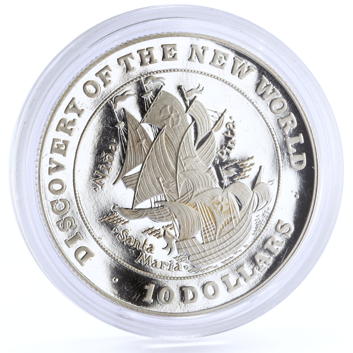 Bahamas 10 dollar Columbus Ships Nina Santa Pinta Maria proof silver coin 1992