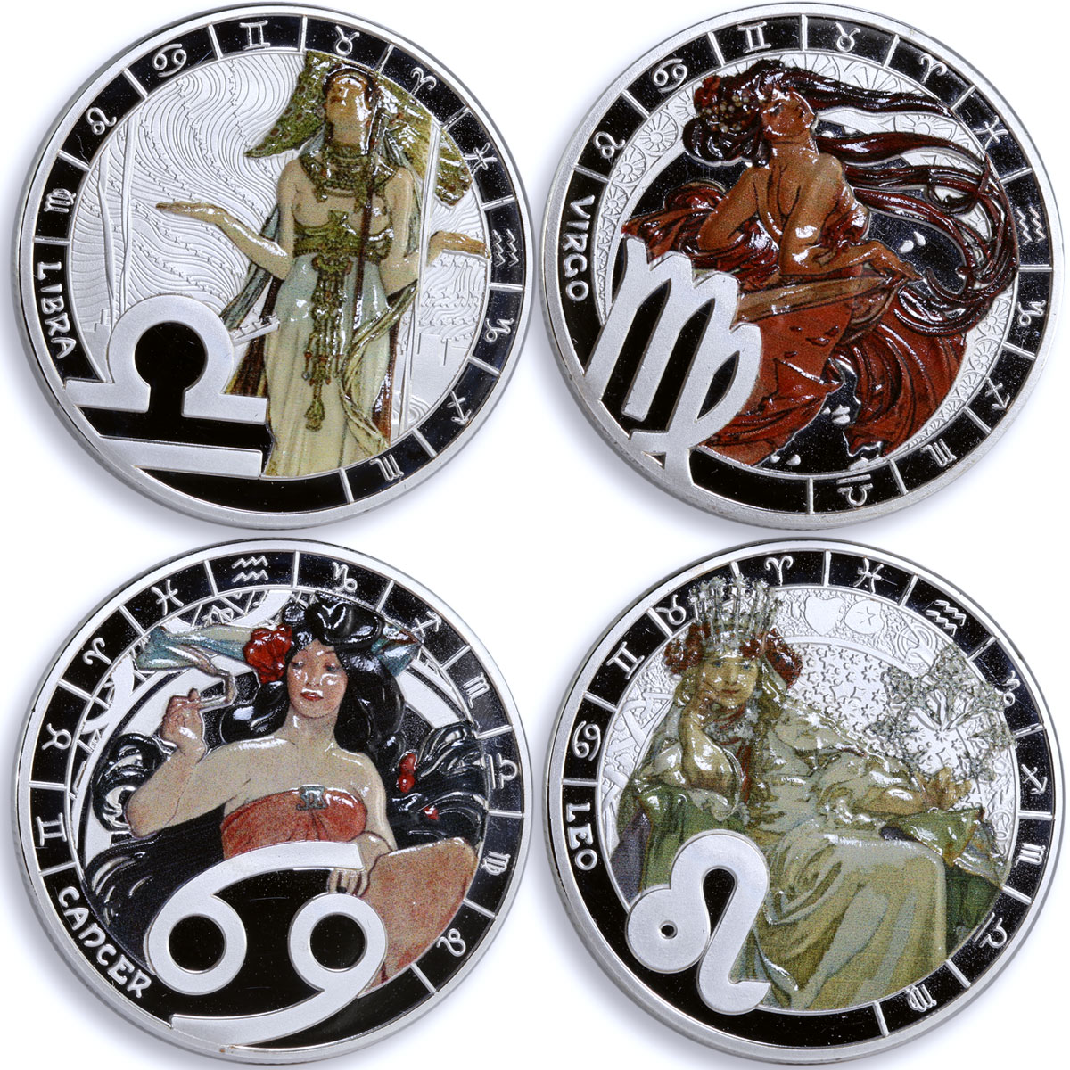Cameroon set of 12 coins Zodiac Signs by A. Mucha colored AgBrass coins 2020