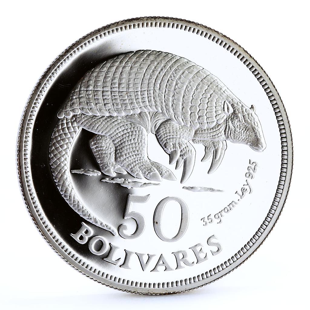 Venezuela 50 bolivares Endangered Wildlife Giant Armadillo silver coin 1975