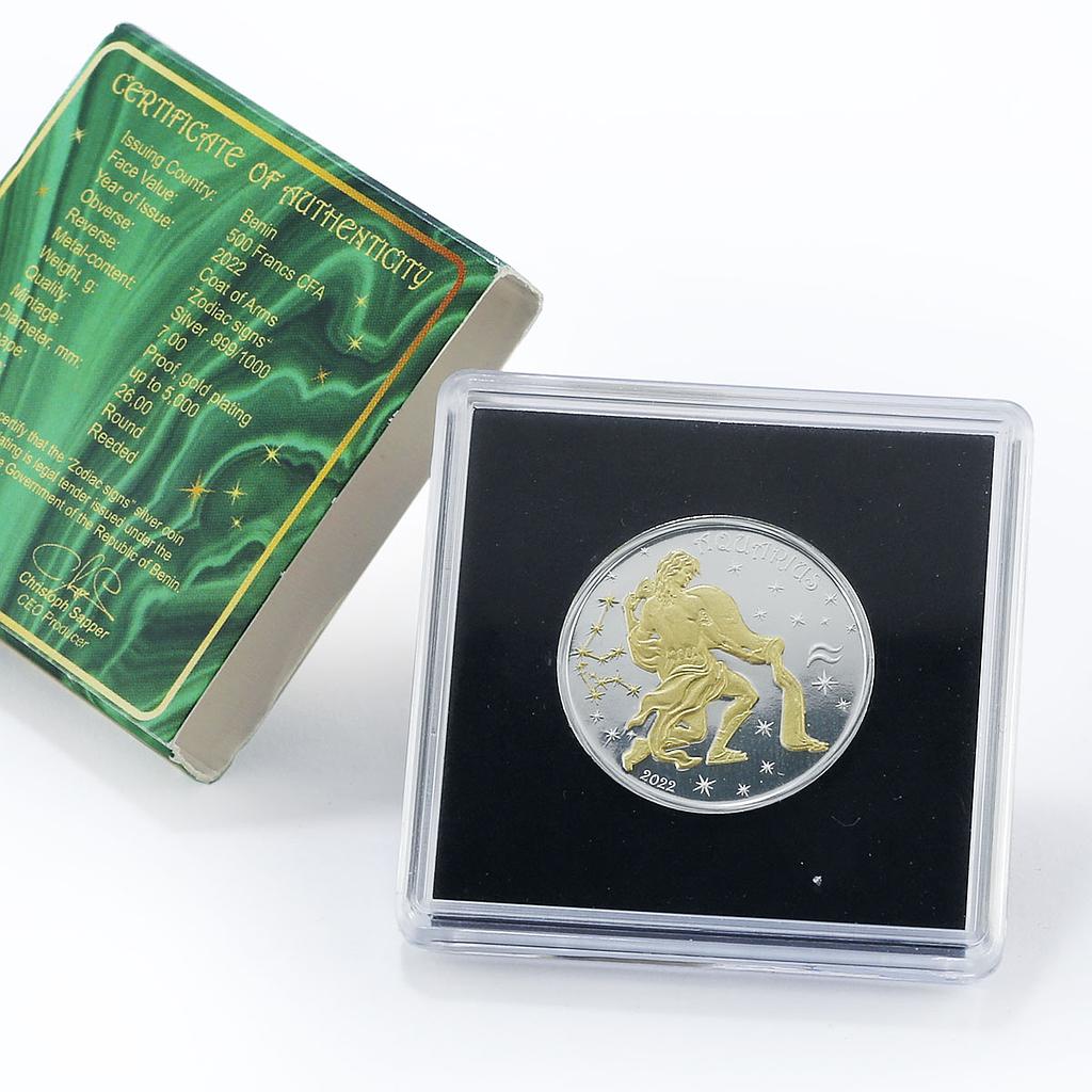 Benin 500 francs Zodiac Signs series Aquarius proof gilded silver coin 2022