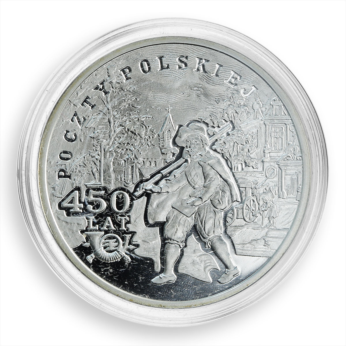 Poland, 10 zlotys, 450 Years Polish Post Office, stamp, rider, silver coin, 2008