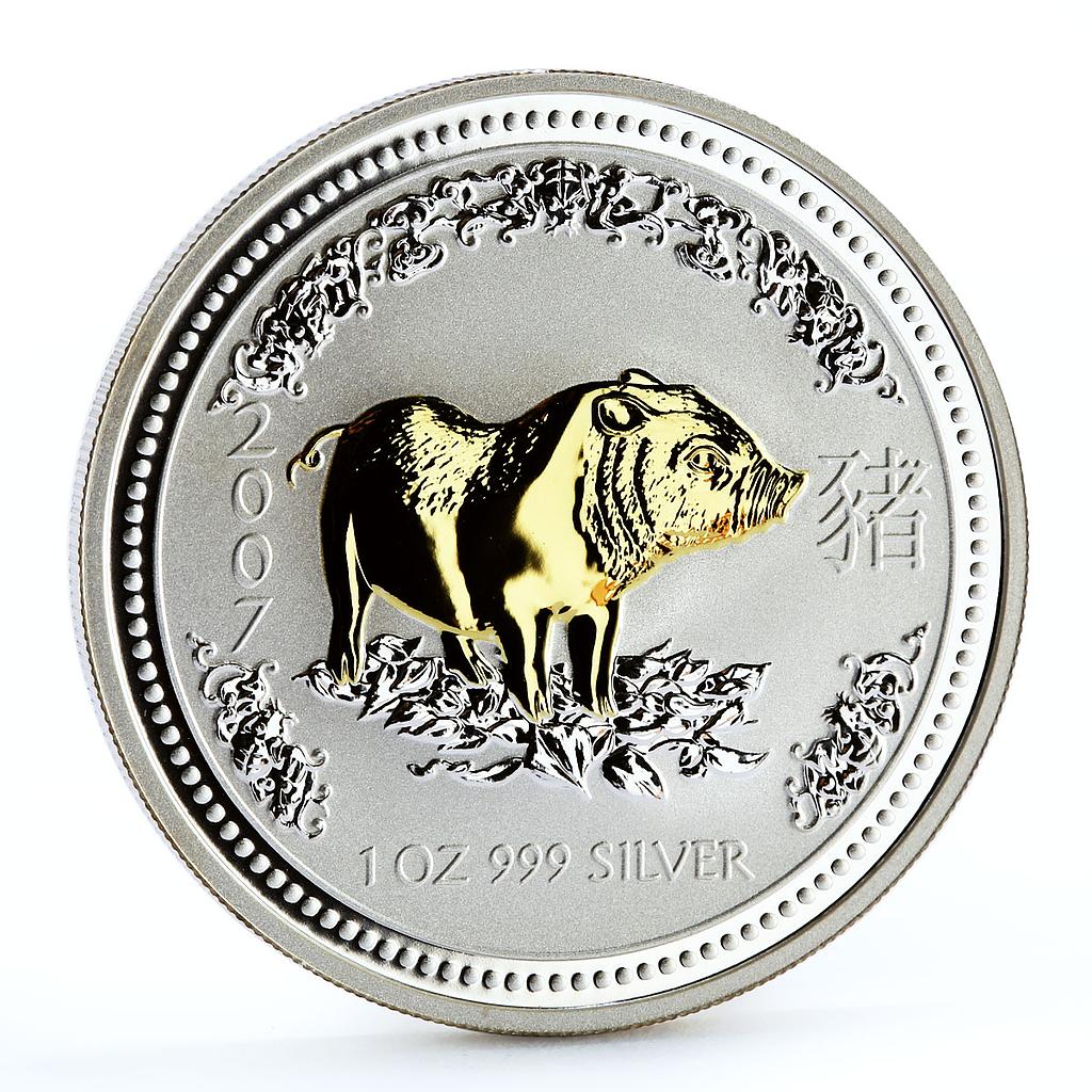 Australia 1 dollar Lunar Calendar I Year of Pig gilded silver coin 2007
