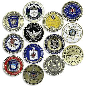 Police Departments of United States Set of 13 Coloured Medals Tokens Coins