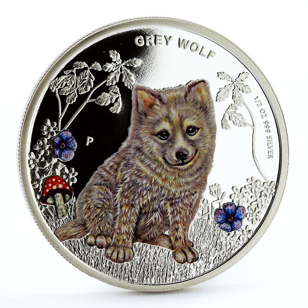 Tuvalu 50 cents Endangered Wildlife Grey Wolf Fauna colored silver coin 2013