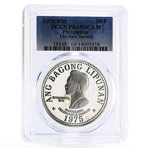 Philippines 50 pisos Ferdinand E. Marcos PR68 PCGS silver coin 1975