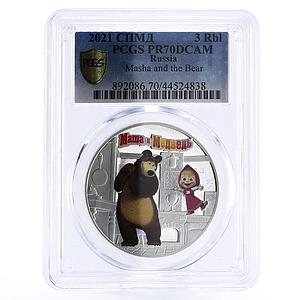 Russia 3 rubles Masha and Bear Cartoons PR70 PCGS colored silver coin 2021