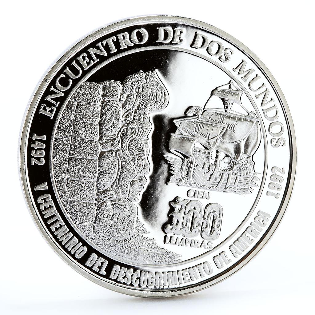 Honduras 100 lempiras Discovery of America Ship Stone Monument silver coin 1992