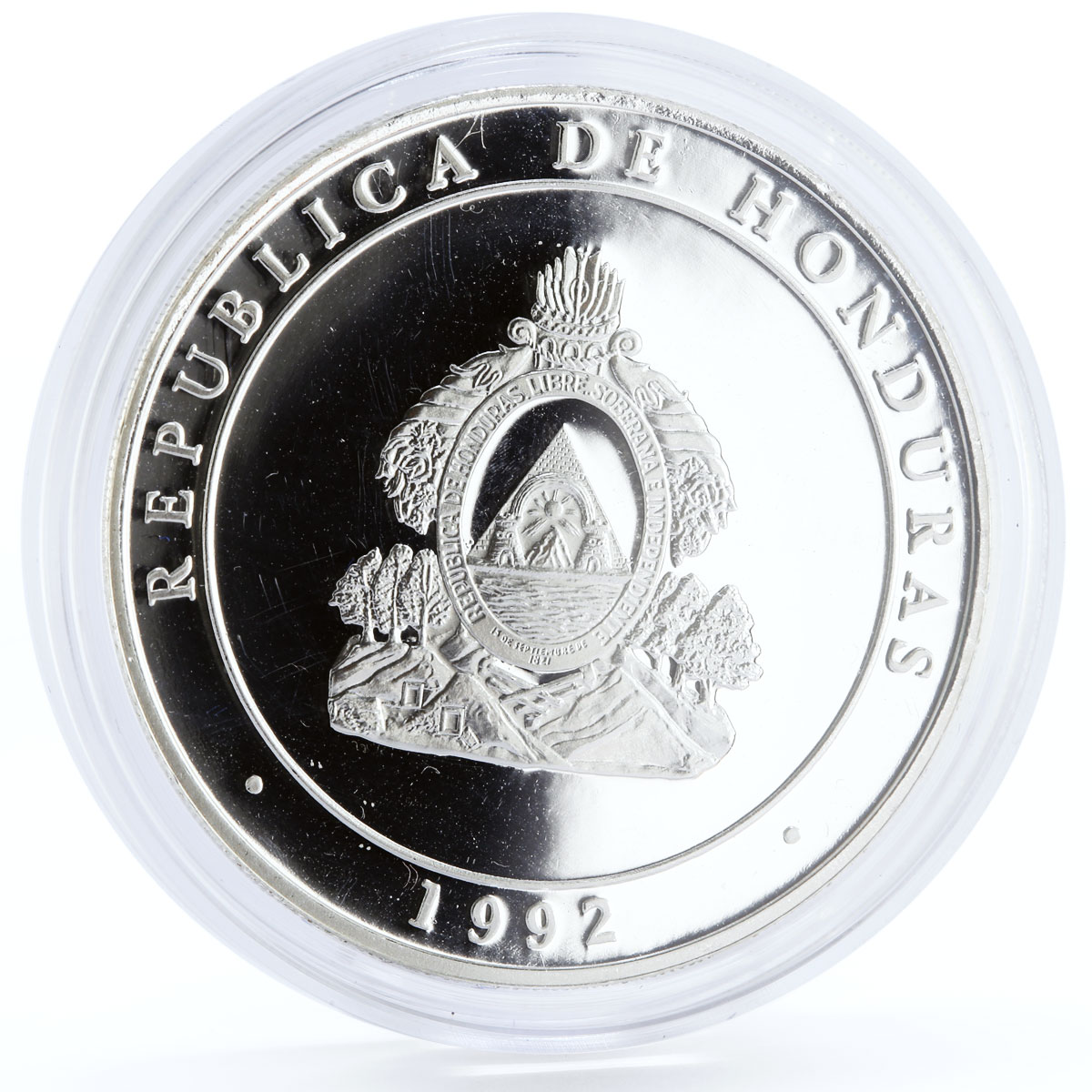 Honduras 100 lempiras Discovery of America Ship Stone Monument silver coin 1992