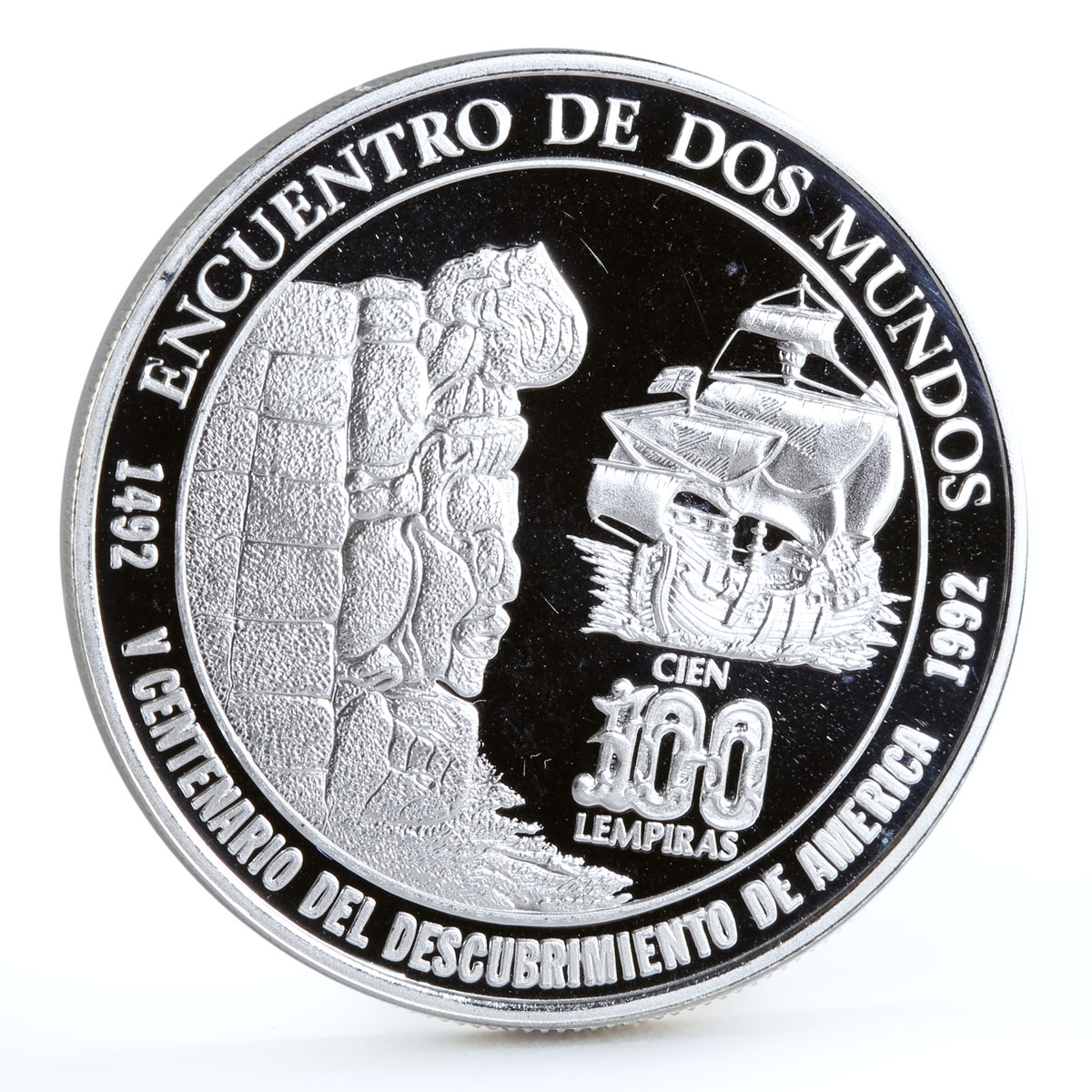 Honduras 100 lempiras Discovery of America Ship Stone Monument silver coin 1992