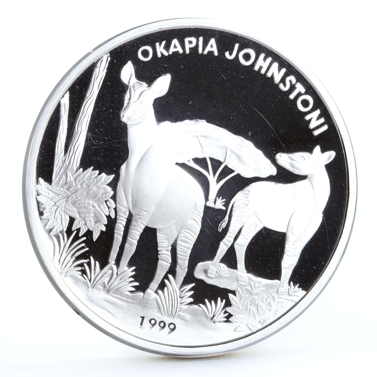 Chad 1000 francs Endangered Wildlife Okapi Johnson Fauna silver coin 1999