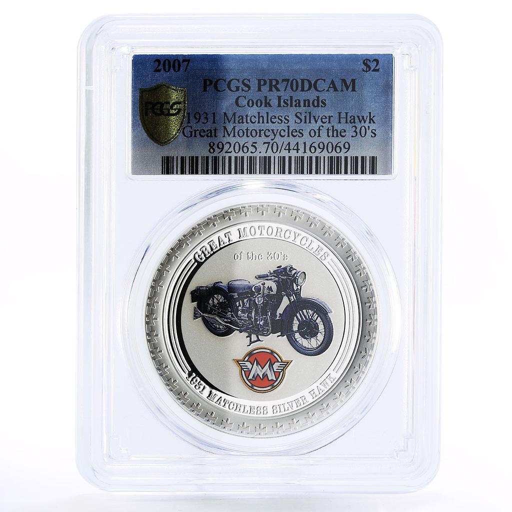 Cook Islands 2 dollars Great Motorcycles 1931 Hawk PR70 PCGS silver coin 2007