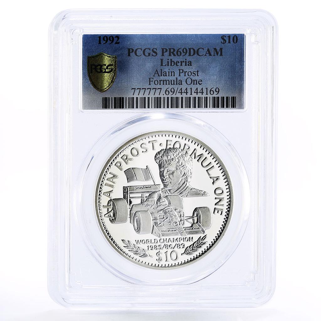 Liberia 10 dollars Formule One Races Alain Prost PR69 PCGS silver coin 1992