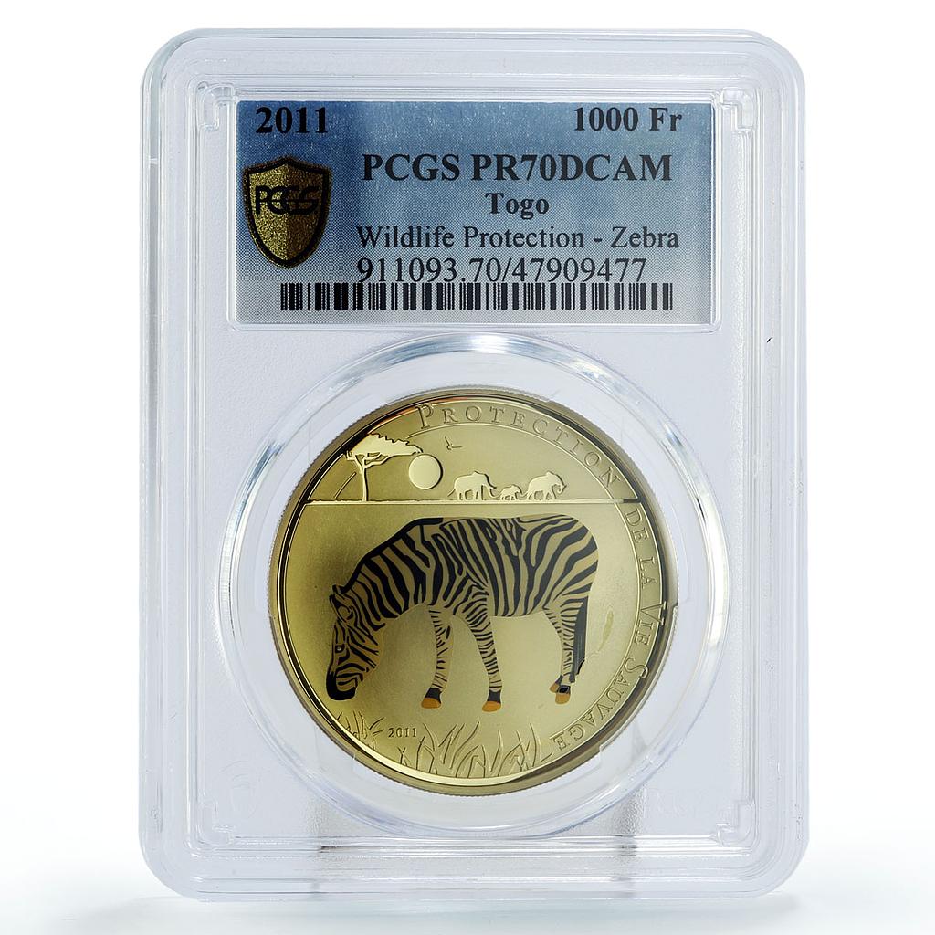 Togo 100 francs Tropical Fauna Zebra PR70 PCGS colored AgCuNi coin 2011