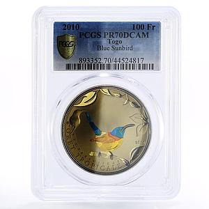 Togo 100 francs Tropical Fauna Blue Sunbird PR70 PCGS colored AgCuNi coin 2010