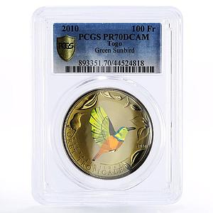 Togo 100 francs Tropical Fauna Green Sunbird PR70 PCGS colored AgCuNi coin 2010