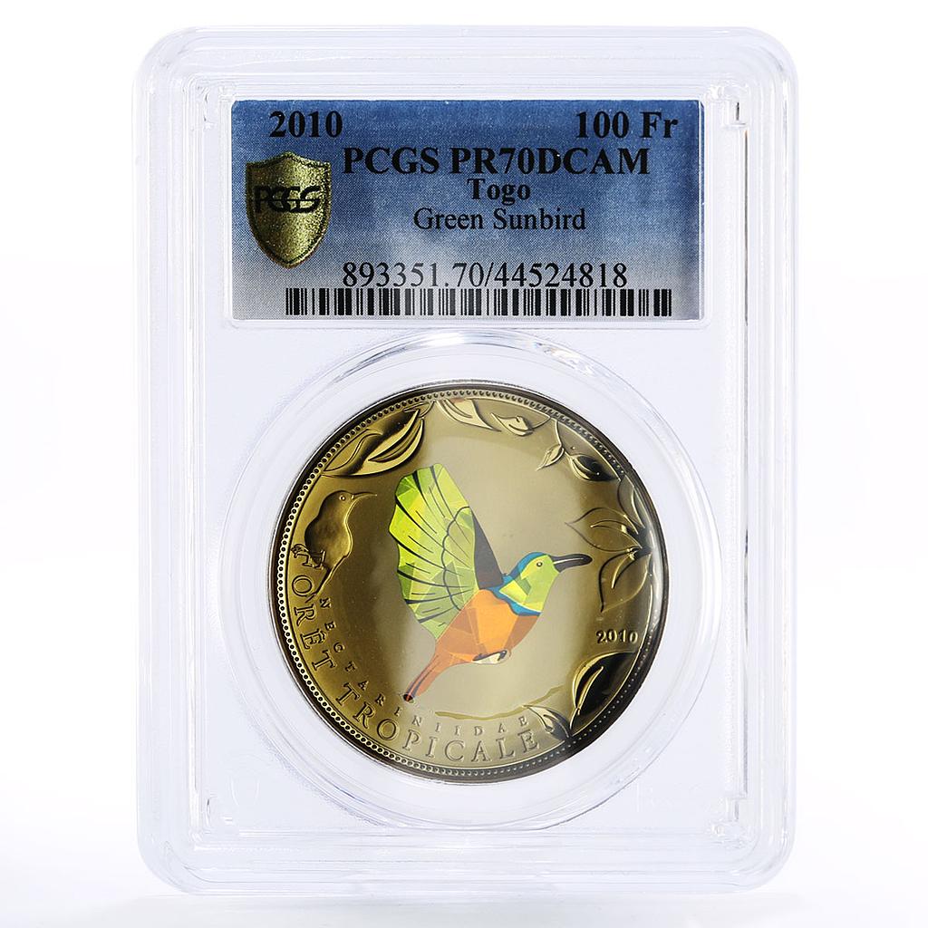 Togo 100 francs Tropical Fauna Green Sunbird PR70 PCGS colored AgCuNi coin 2010