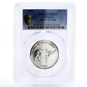 Vietnam 100 dong Natural Protection Buffalo Fauna MS69 PCGS silver coin 1986