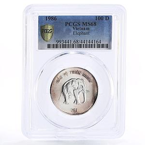 Vietnam 100 dong Natural Protection Elephant Fauna MS68 PCGS silver coin 1986