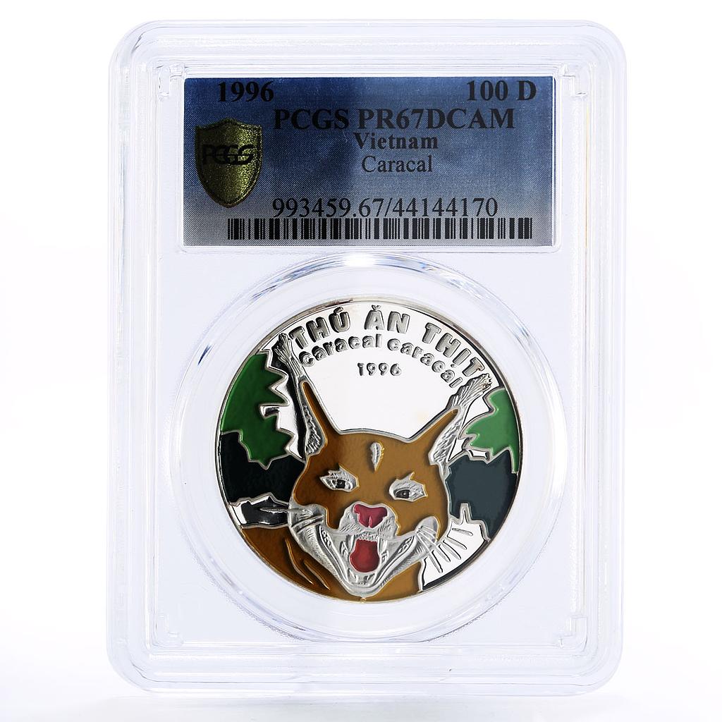 Vietnam 100 dong Endangered Wildlife Caracal PR67 PCGS colored silver coin 1996