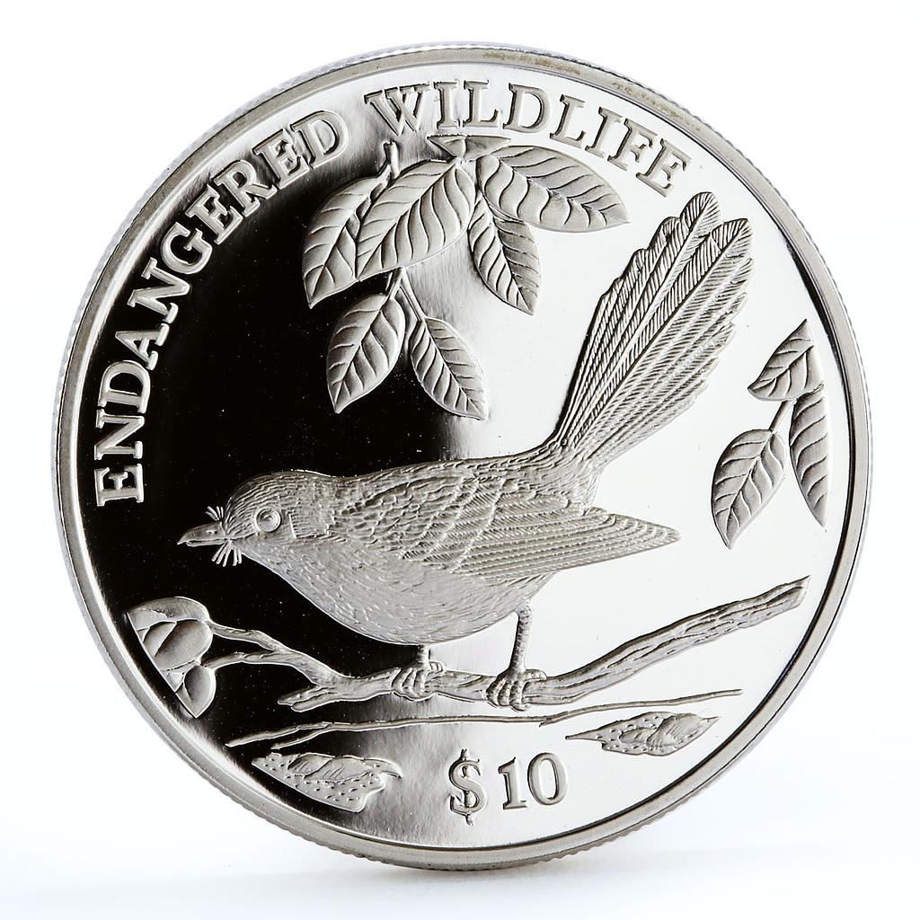 Fiji 10 dollars Endangered Wildlife Streaked Fantail Bird Fauna silver coin 1995