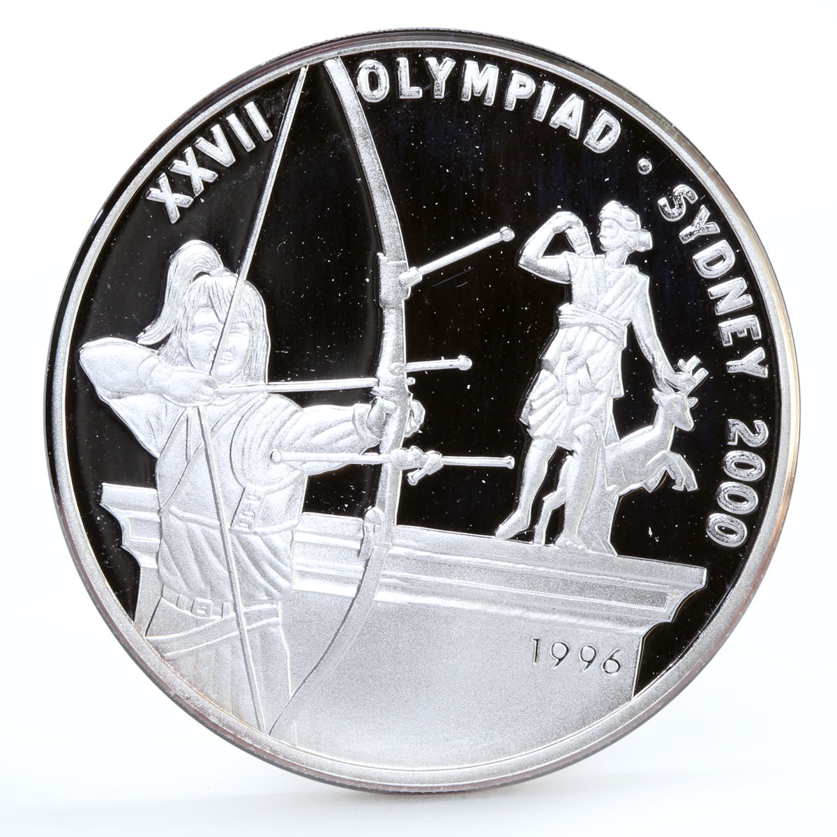 Laos 50 kip Sydney Olympic Games Archer Diana Sports proof silver coin 1996