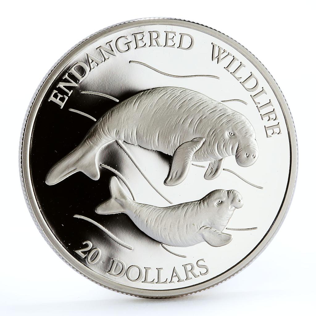 Tuvalu 20 dollars Endangered Wildlife Dudong Manatee Fauna silver coin 1994