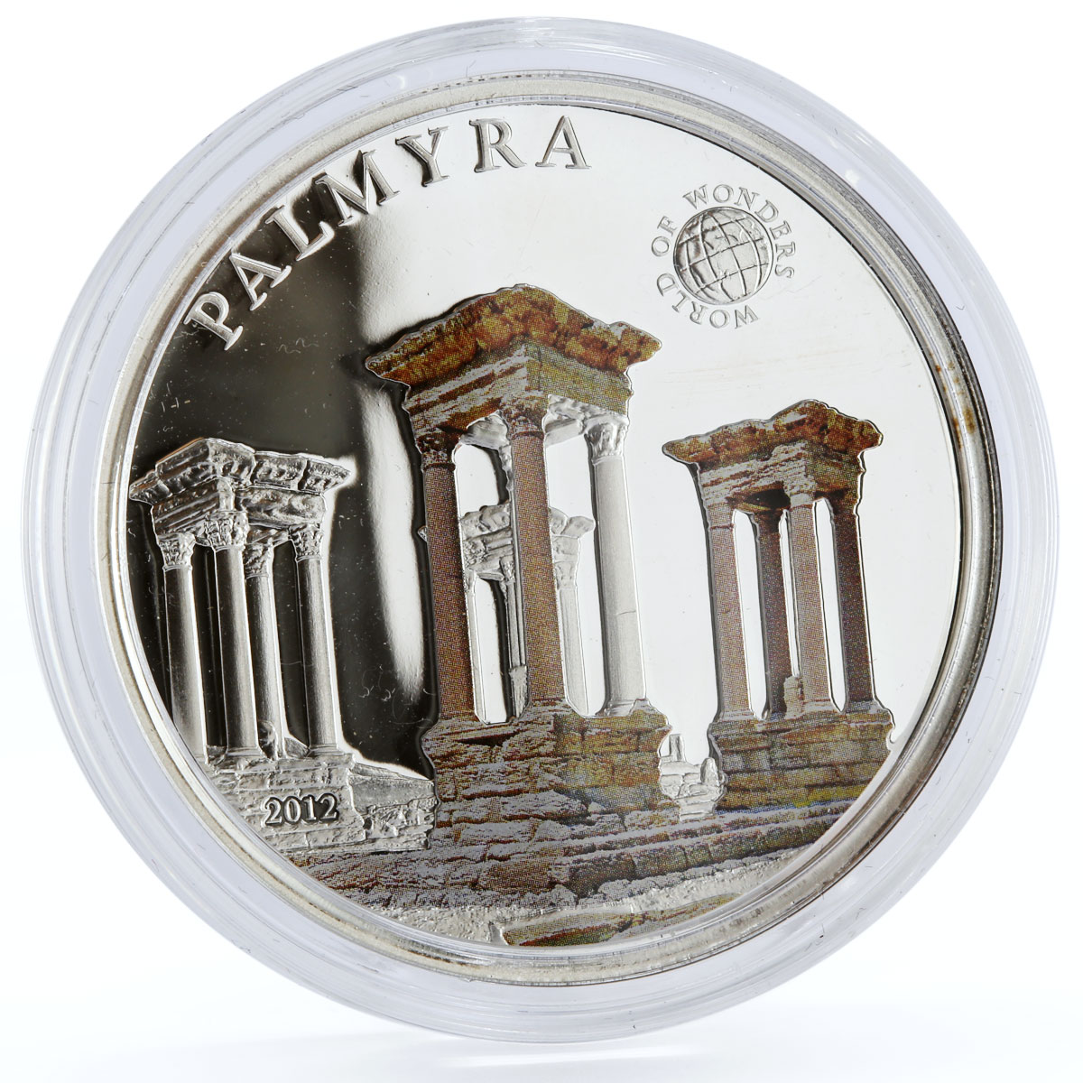 Palau 5 dollars World of Wonders Palmyra Sculptures colored silver coin 2012