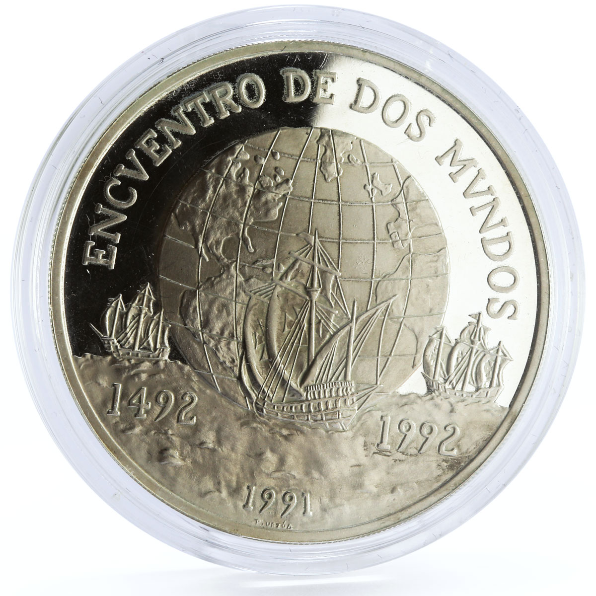 Chile 10000 pesos Columbus Ships Clippers and Globus proof silver coin 1991