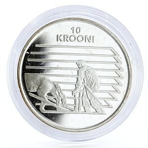 Estonia 10 krooni 80 Years of Independece Farmer Plowing Field silver coin 1998