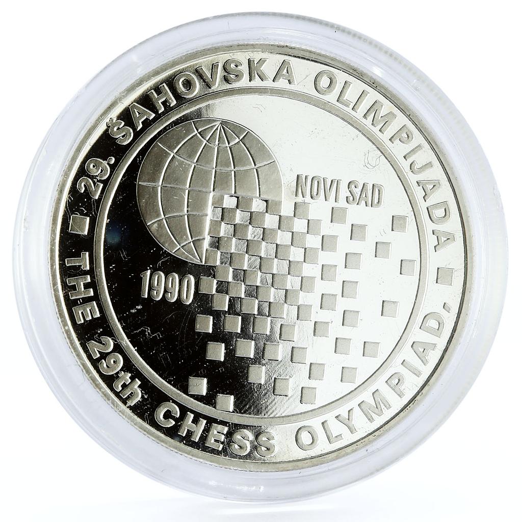 Yugoslavia 150 dinara Chess Olympiad Chess Board Design Globe silver coin 1990