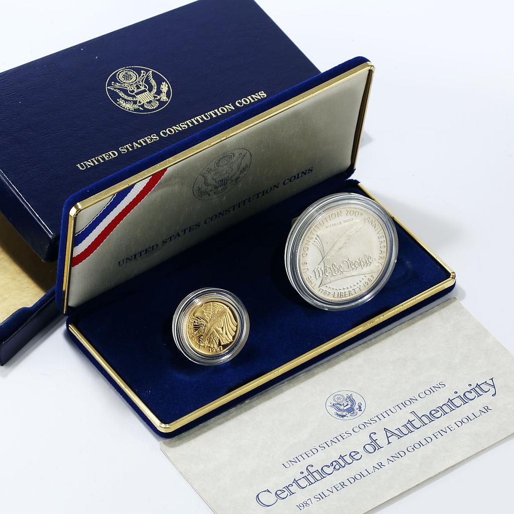 US set of 2 coins 1 and 5 $ Constitution 200 anniversary gold + silver ...
