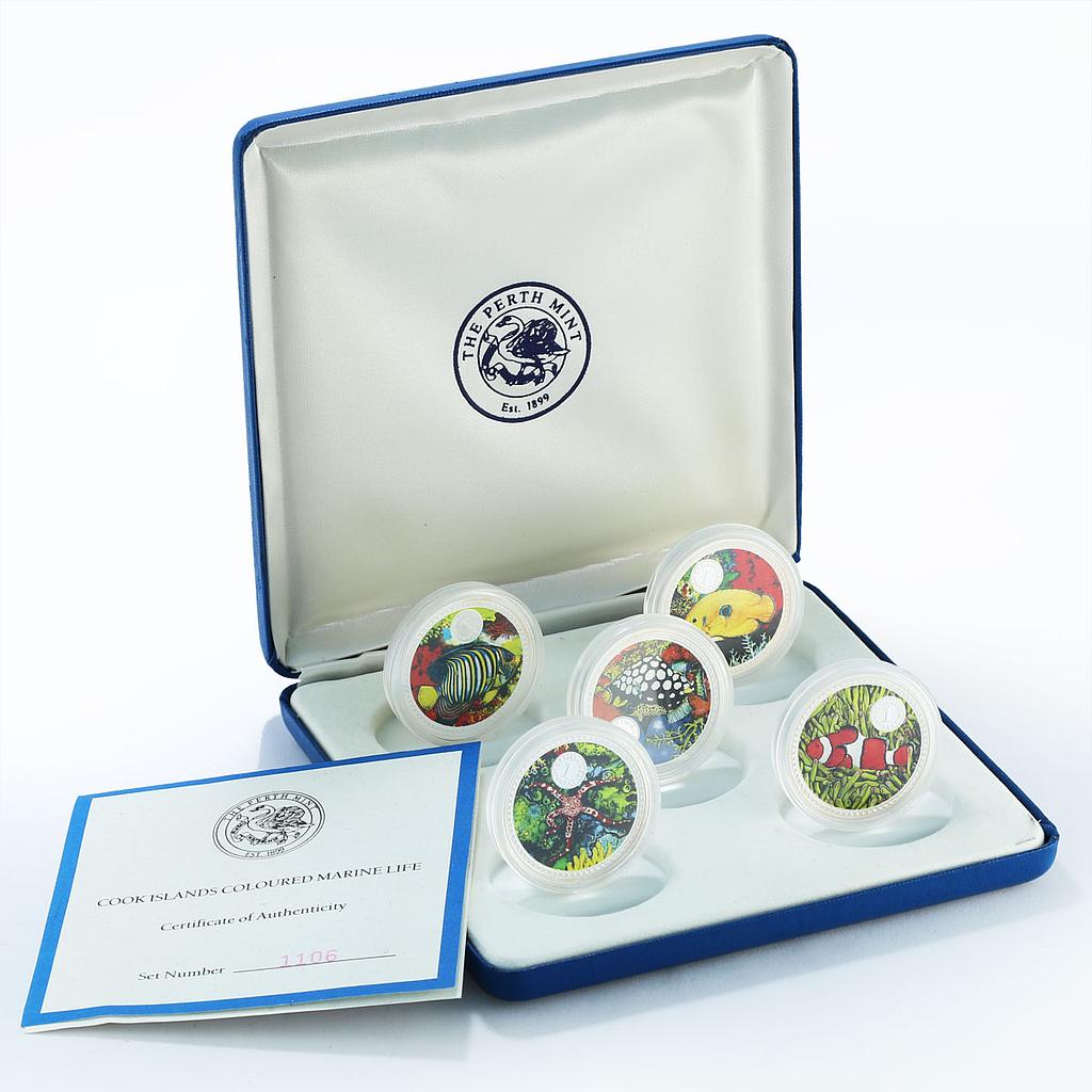 Cook Islands set of 5 coins Marine Life Exotical Fish colored silver ...