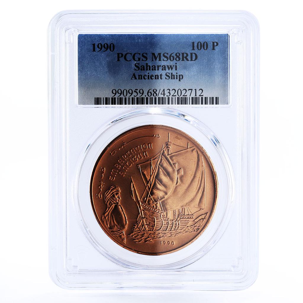 Saharawi 100 pesetas Ancient Ship Clipper Arab Man MS68 PCGS copper ...