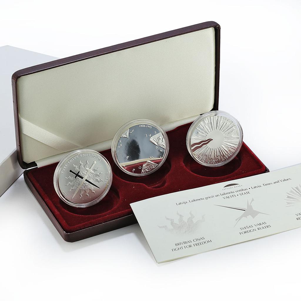 Latvia 1 lats x 3 Set State Times Values Politics proof silver coin ...