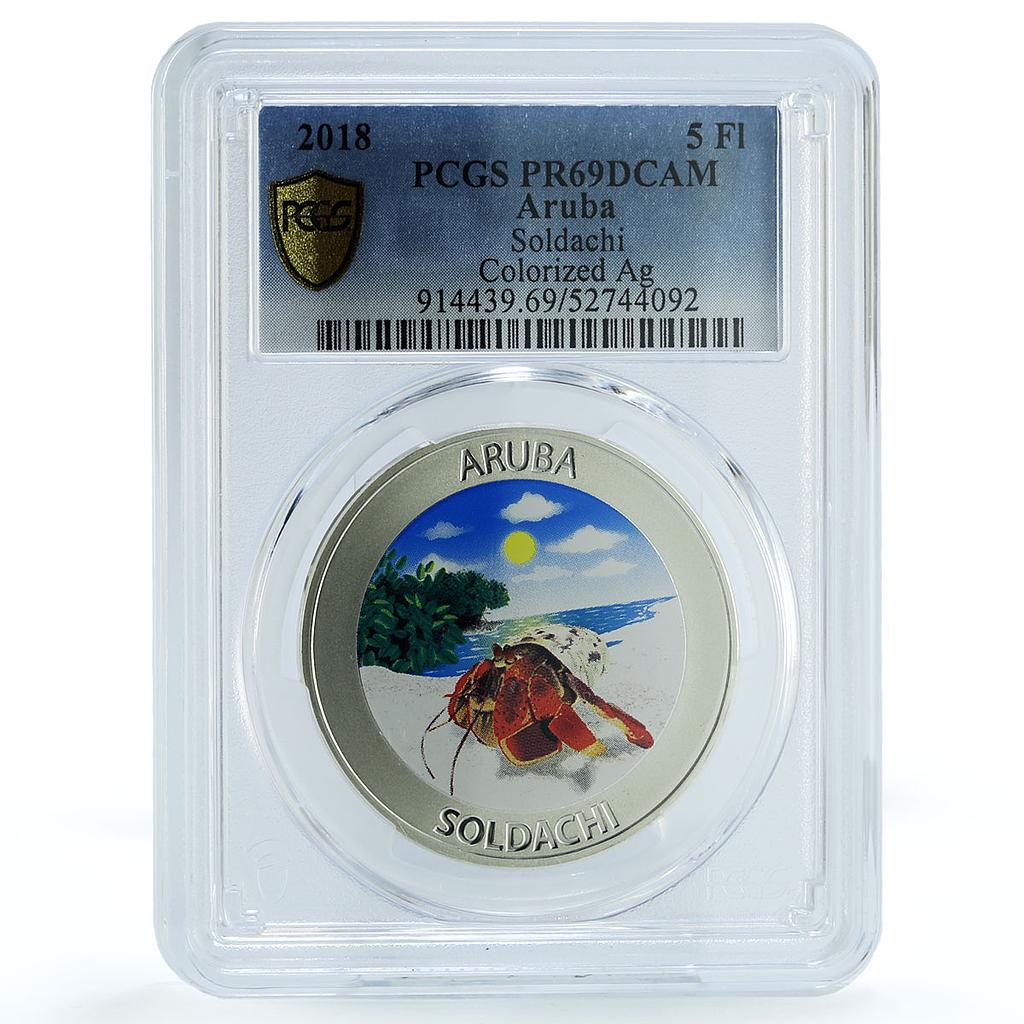 Aruba 5 florins Soldachi Crab KM-65 Wildlife Fauna PR 69 PCGS silver coin  2018 | Coinsberg