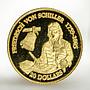 Cook Islands 20 dollars Friedrich Von Schiller proof gold coin 1996