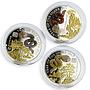 Rwanda set of 3 coins Year of the Snake gemstones gilded proof silver coin 2013