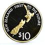 New Zealand 10 dollars 1st to the Future Sun Emblem Map gilded silver coin 2000