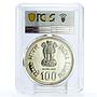 India 100 rupees Death of Indira Gandhi Politics PL68 PCGS silver coin 1985