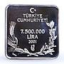 Turkey 7500000 lira Endangered Wildlife Eagle Falcon Bird Fauna silver coin 2001