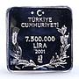 Turkey 7500000 lira Endangered Wildlife Marbled Duck Bird Fauna silver coin 2001