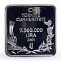 Turkey 7500000 lira Endangered Wildlife Griffon Bird Fauna silver coin 2001