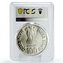 India 100 rupees Mahavir Janma Kalyanak Birth Buddhism PR67 PCGS Ag coin 2001