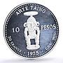 Dominican Republic 10 pesos Pueblo Viejo Mine Taino Sculpture Art Ag coin 1975