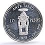 Dominican Republic 10 pesos Pueblo Viejo Mine Taino Sculpture Art Ag coin 1975