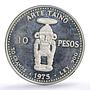 Dominican Republic 10 pesos Pueblo Viejo Mine Taino Sculpture Art Ag coin 1975