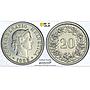 Switzerland 20 rapen Regular Coinage Libertas Liberty KM-29 AU58 PCGS coin 1885