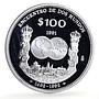 Mexico 100 pesos Two Worlds Encounter Ships Pillars proof silver coin 1991