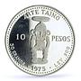 Dominican Republic 10 pesos Pueblo Viejo Mine Taino Sculpture Art Ag coin 1975